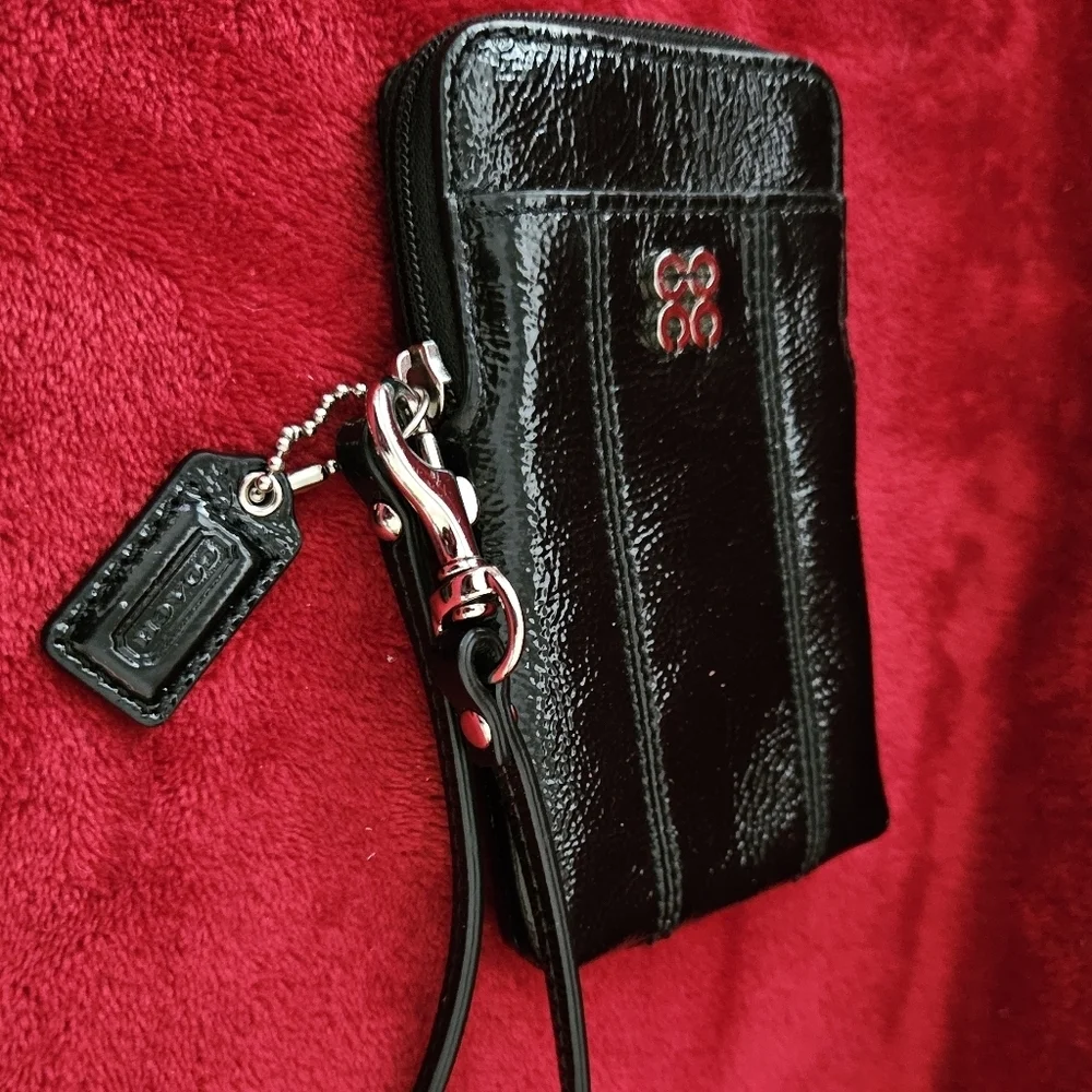 Coach Black Patent Leather Wristlet with Silver Logo